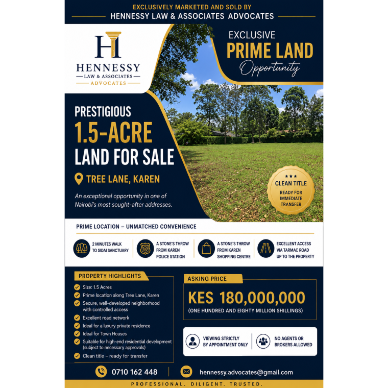 Prime 1.5 Acre Property in Tree Lane, Karen - Nairobi